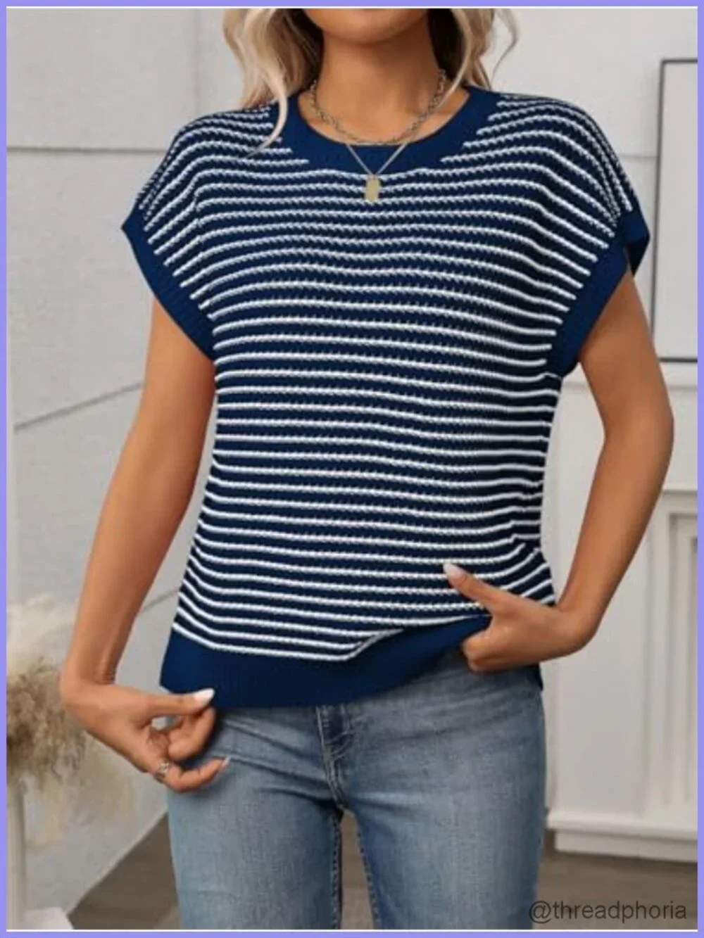 Women's Striped Short Sleeve Knit Pullover Sweater Crewneck Summer Top